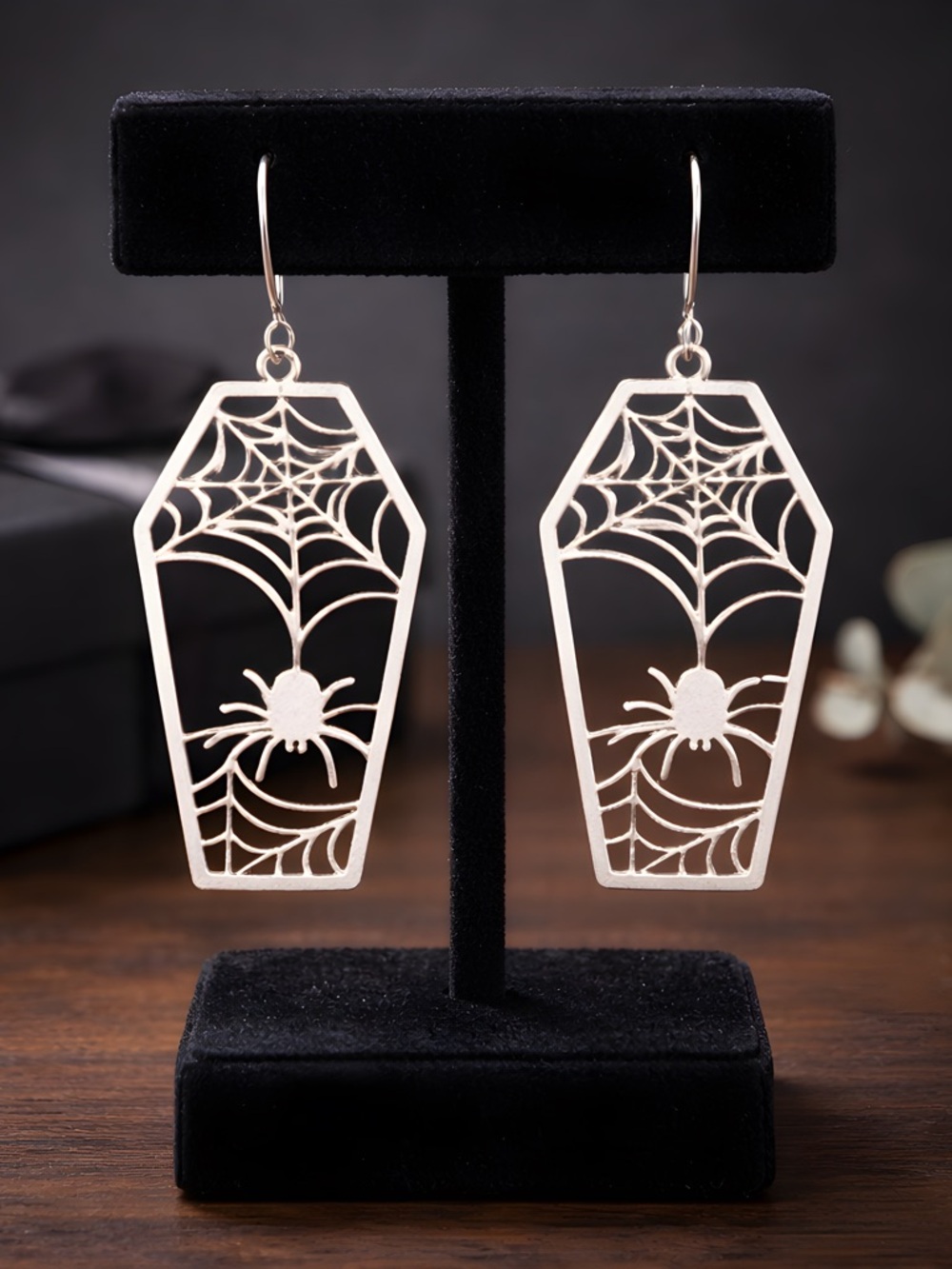 Silver Spiderweb Coffin Dangle Earrings ~ hypoallergenic hooks